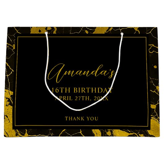 ラグジュアリーブラック&金ゴールドマーブルスウィート16誕生日 ラージペーパーバッグ (正面)