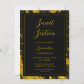 ラグジュアリーブラック&金ゴールドマーブルスウィート16誕生日 招待状 (正面)