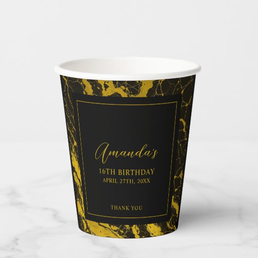 ラグジュアリーブラック&金ゴールドマーブルスウィート16誕生日 紙コップ (正面)