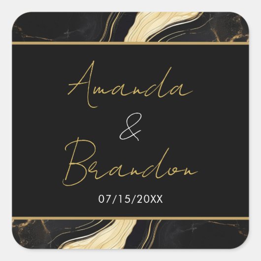 ラグジュアリーブラック&金ゴールドマーブル結婚ズ スクエアシール (正面)