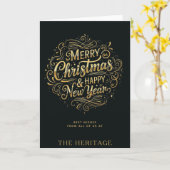 ラグジュアリーブラック&金ゴールドメリークリスマス&新年 カード (黄色い花)
