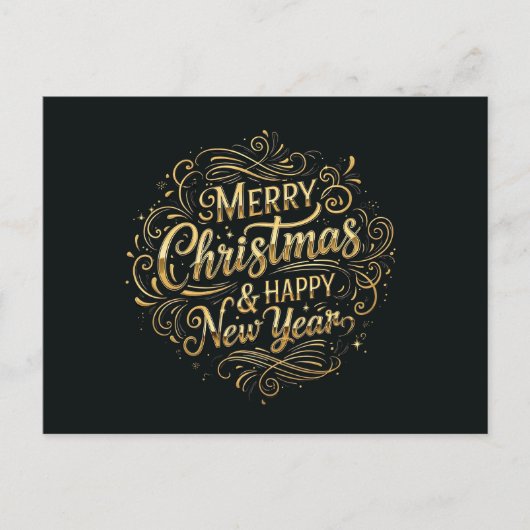 ラグジュアリーブラック&金ゴールドメリークリスマス&新年 シーズンポストカード (正面)