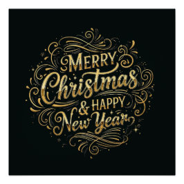 ラグジュアリーブラック&金ゴールドメリークリスマス&新年 ポスター