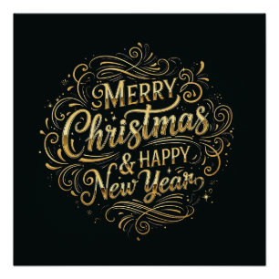 ラグジュアリーブラック&金ゴールドメリークリスマス&新年 ポスター