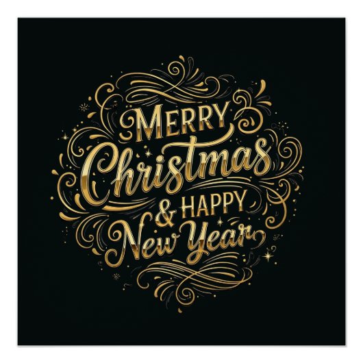 ラグジュアリーブラック&金ゴールドメリークリスマス&新年 ポスター (正面)