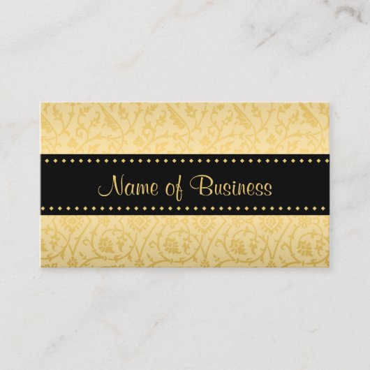 ラグジュアリーブラック&金ゴールドヴィンテージフローラダマスク 名刺 (正面)