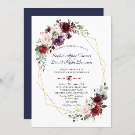 ラグジュアリーブルガンディプラム赤面フラワーズ結婚金ゴールド 招待状