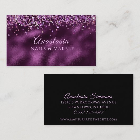 ラグジュアリーブルガンディワイングリッターメイクアップアーティスト 名刺 (正面/裏面)