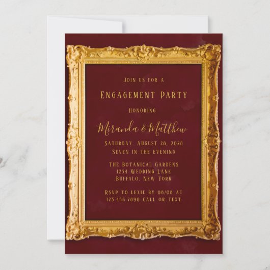 ラグジュアリーブルゴーニュと金ゴールド王室の婚約パーティ 招待状 (正面)