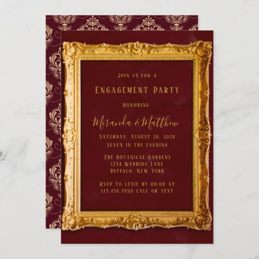 ラグジュアリーブルゴーニュと金ゴールド王室の婚約パーティ 招待状 (正面/裏面)