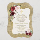 ラグジュアリーブルゴーニュ赤面フローラ金ゴールドファーストコミュニオン 招待状 (正面/裏面)
