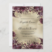 ラグジュアリーブルゴーニュ金ゴールドグリッター結婚フローラ 招待状 (正面)