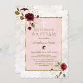 ラグジュアリーブルゴーニュ金ゴールドフラワーズマーブルバプテスマ 招待状 (正面/裏面)