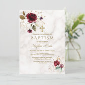 ラグジュアリーブルゴーニュ金ゴールドフローラクロスマーブルバプテスマ 招待状 (スタンド正面)