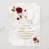 ラグジュアリーブルゴーニュ金ゴールドフローラクロスマーブルバプテスマ 招待状 (正面/裏面)