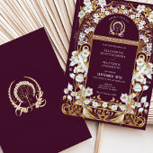 ラグジュアリーブルゴーニュ&アンティーク金ゴールド結婚フローラ 招待状
