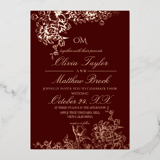 ラグジュアリーブルゴーニュ&金ゴールドガーデン結婚フローラズインビ 箔招待状 (正面)