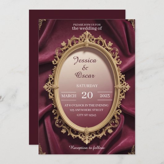 ラグジュアリーブルゴーニュ&金ゴールドバロックデザイン結婚ズ 招待状 (正面/裏面)