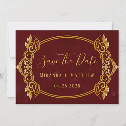 ラグジュアリーブルゴーニュ&金ゴールド王室のデイトカードを保存 招待状 (正面)