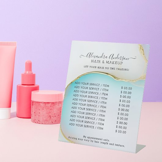 ラグジュアリーブルーとホワイト金ゴールドアクセントAgate Marble 台座サイン