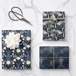 ラグジュアリーブルーと金ゴールドアールデコパターン ラッピングペーパーシート