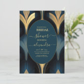 ラグジュアリーブルーと金ゴールドアールデコブライダル 招待状 (スタンド正面)