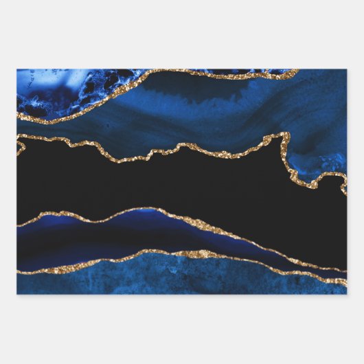 ラグジュアリーブルーと金ゴールドグリッターアゲート誕生日 ラッピングペーパーシート (正面3)