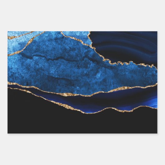 ラグジュアリーブルーと金ゴールドグリッターアゲート誕生日 ラッピングペーパーシート (正面)