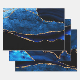 ラグジュアリーブルーと金ゴールドグリッターアゲート誕生日 ラッピングペーパーシート