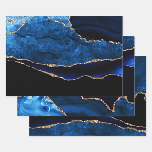 ラグジュアリーブルーと金ゴールドグリッターアゲート誕生日 ラッピングペーパーシート (セット)