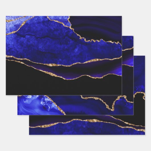 ラグジュアリーブルーと金ゴールドグリッターアゲート誕生日 ラッピングペーパーシート (セット)