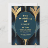 ラグジュアリーブルーと金ゴールド結婚アールデコ 招待状 (正面)