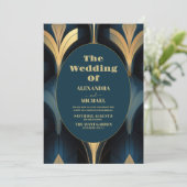 ラグジュアリーブルーと金ゴールド結婚アールデコ 招待状 (スタンド正面)