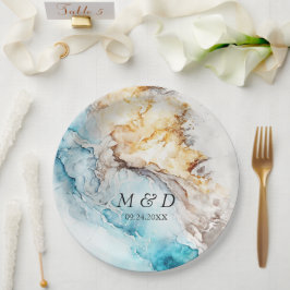 ラグジュアリーブルーアンド金ゴールドマーブル結婚ズ ペーパープレート