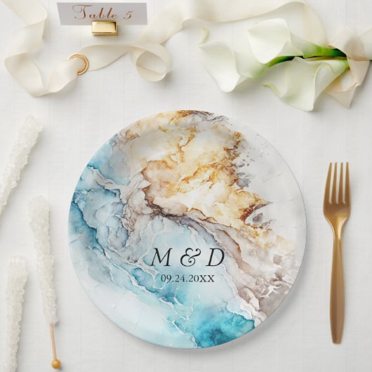 ラグジュアリーブルーアンド金ゴールドマーブル結婚ズ ペーパープレート (ウェディング)
