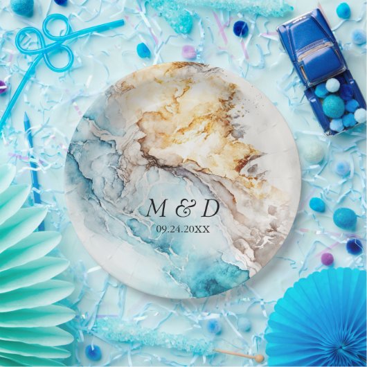 ラグジュアリーブルーアンド金ゴールドマーブル結婚ズ ペーパープレート (パーティー)