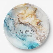 ラグジュアリーブルーアンド金ゴールドマーブル結婚ズ ペーパープレート (正面)