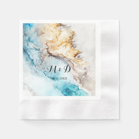 ラグジュアリーブルーアンド金ゴールドマーブル結婚ズ 縁ありカクテルナプキン (正面)