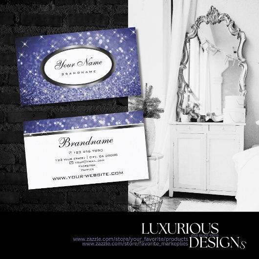ラグジュアリーブルーグリッタースパークルきらめくスターズスタイリッシュ 名刺