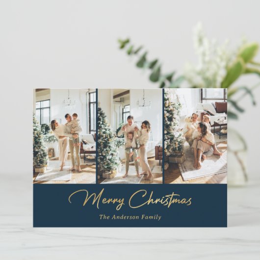 ラグジュアリーブルーゴールドフォイルフォトメリークリスマス シーズンカード (スタンド正面)