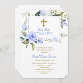 ラグジュアリーブルーフラワーズファースト金ゴールド聖餐式 招待状 (正面/裏面)