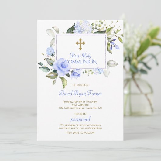 ラグジュアリーブルーフラワーズファースト金ゴールド聖餐式 招待状 (スタンド正面)