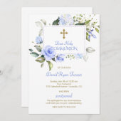 ラグジュアリーブルーフラワーズファースト金ゴールド聖餐式 招待状 (正面/裏面)