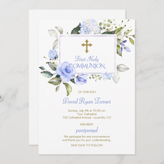 ラグジュアリーブルーフラワーズファースト金ゴールド聖餐式 招待状 (正面/裏面)