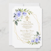 ラグジュアリーブルーフラワーズフレームホリーコミュニオン 招待状 (正面)