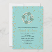 ラグジュアリーブルーフラワーズ金ゴールドグリッターパーティー 招待状 (正面)