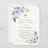 ラグジュアリーブルーフラワーズ金ゴールドグリッターボーイバプテスマ 招待状 (正面)