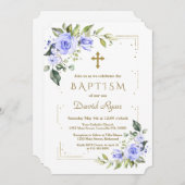 ラグジュアリーブルーフラワーズ金ゴールドグリッターボーイバプテスマ 招待状 (正面/裏面)