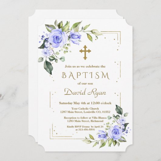 ラグジュアリーブルーフラワーズ金ゴールドグリッターボーイバプテスマ 招待状 (正面/裏面)