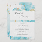 ラグジュアリーブルー金ゴールドウォーターカラー抽象芸術ブライダルシャワー 招待状 (正面/裏面)